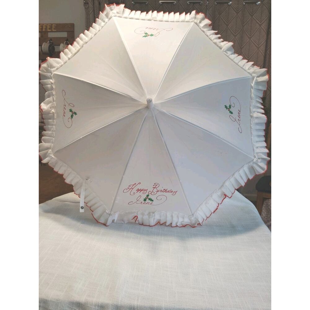 Vintage White Red Trim Umbrella Personalized Happy Birthday To Irene Beautiful